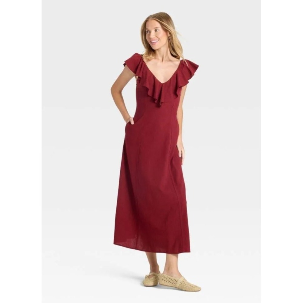 NEW Universal Thread Women's Ruffle Sleeve Maxi A-Line Dress Red Size M